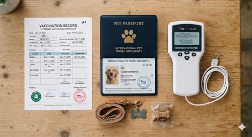 Flat lay of a pet passport, vaccination record, microchip scanner and leash on a wooden table