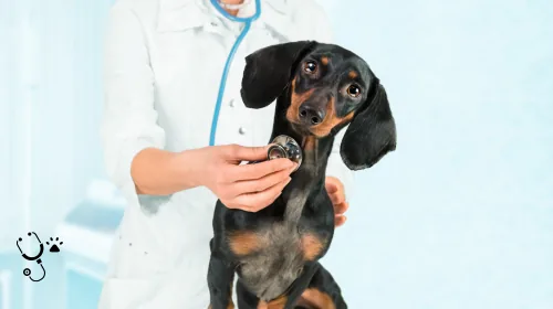 Vet examining a dachshund with a stethoscope