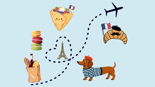 Illustration of French travel icons: a dachshund in a beret and striped shirt, the Eiffel Tower, a croissant, a crepe, macarons, a baguette and wine, and the French flag