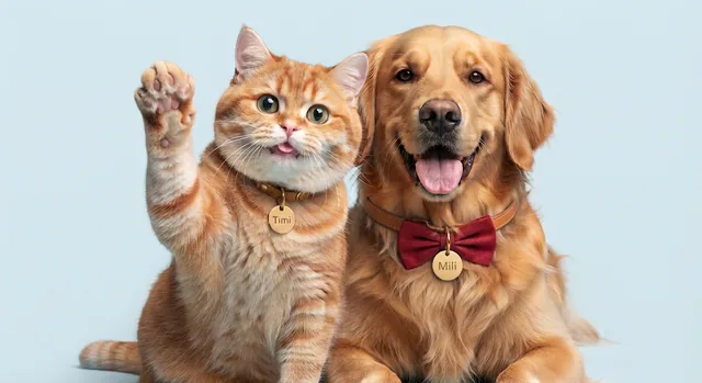 Timi the orange cat and Mili the golden retriever