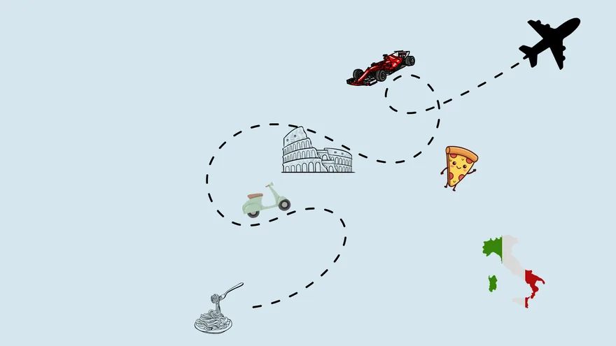 Illustration of Italian travel icons: Colosseum, Vespa, pizza, pasta and the Italian flag