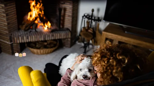 Woman relaxing on a sofa with a small white dog in front of a fireplace