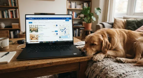Golden retriever resting beside a laptop showing a hotel booking search