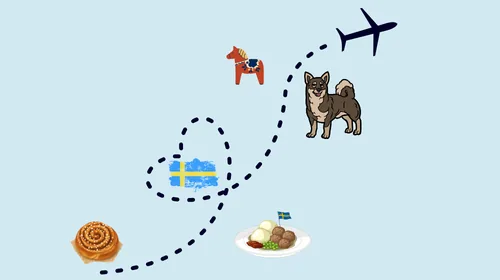 Illustration of Swedish travel icons: a Swedish Lapphund dog, a Dala horse, Swedish meatballs with lingonberry, a cinnamon bun, and the Swedish flag
